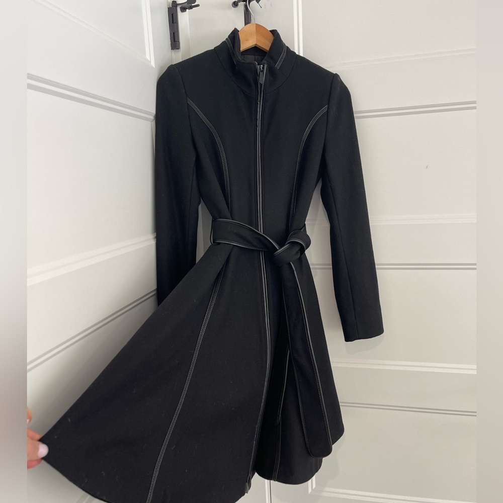 Dawn Levy Flair Leather Detail Wool Coat -New